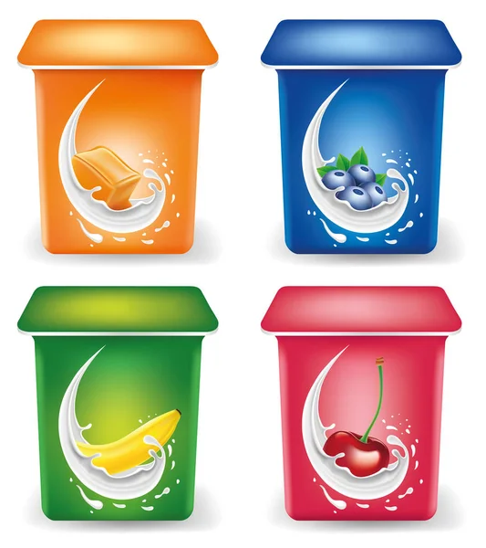 Design-Vorlage für Joghurtverpackungen mit Karamell, Blaubeere, Banane, Kirsche — Stockvektor
