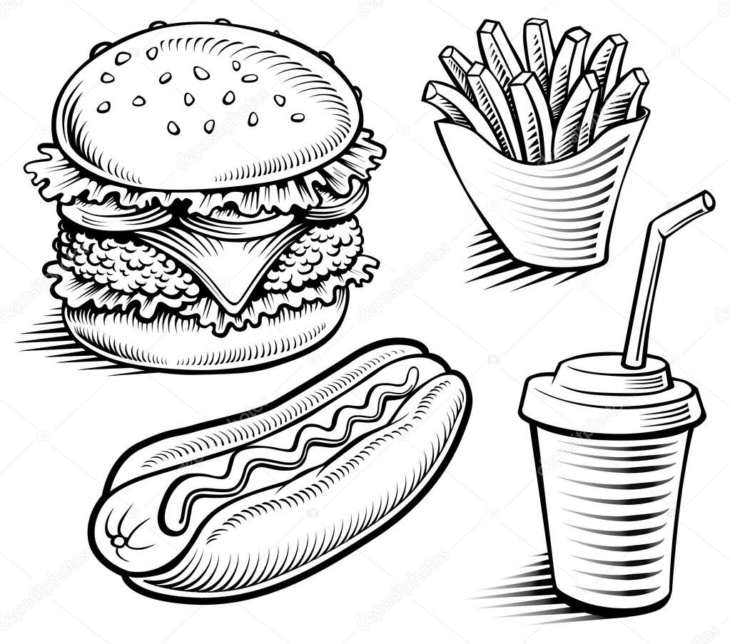 fast food-hamburger, fries, hotdog, drink hand drawing