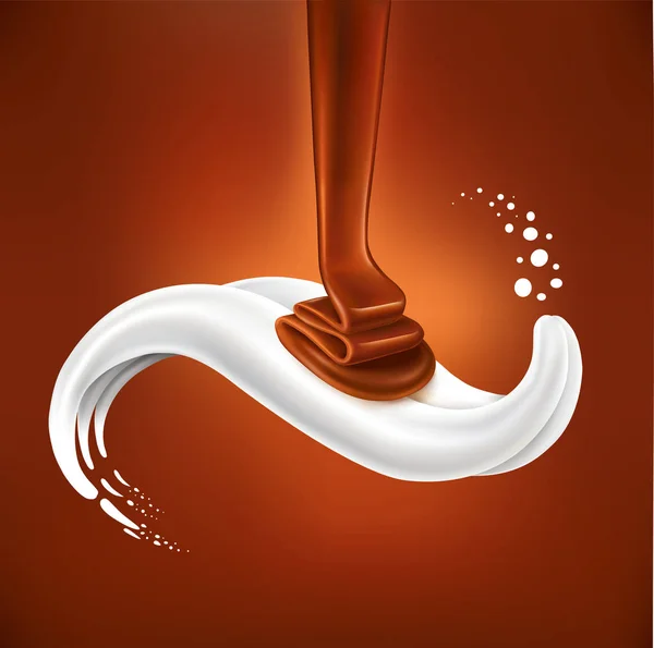 Dark chocolate flow lying on milk tongue — Stock Vector