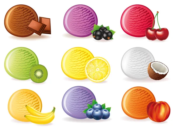 Lody z kiwi, banan, czekolada, cherry, cytryny, orange, kokosowe — Wektor stockowy