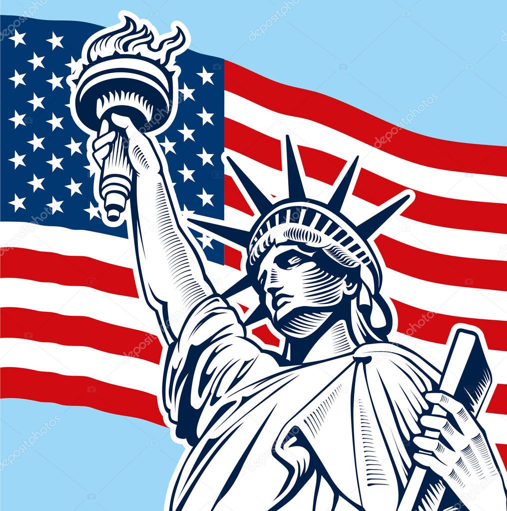 Statue of Liberty, USA flag, NYC