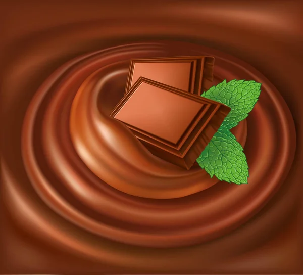 Cioccolato sfondo turbinio con foglia di menta — Vettoriale Stock
