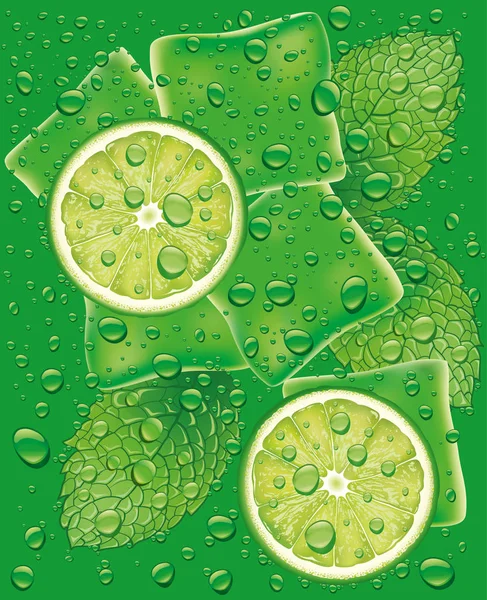 Mojito con rodaja de lima, cubitos de hielo, hoja de menta y muchas gotas de agua — Vector de stock