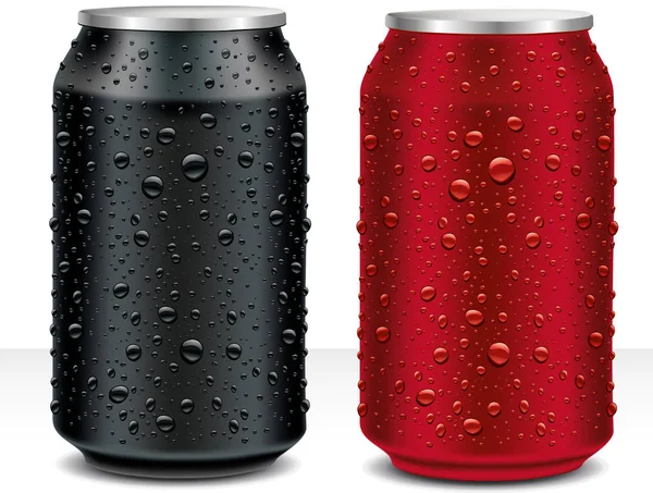 Boîtes en aluminium noir, rouge foncé avec gouttes d'eau douce — Image vectorielle