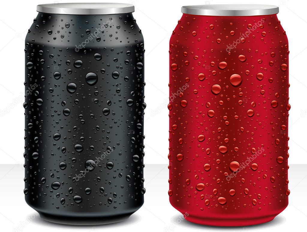 Aluminum Cans in black, dark red with fresh water drops