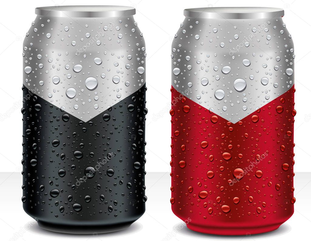 Aluminum Cans in black, dark red with fresh water drops