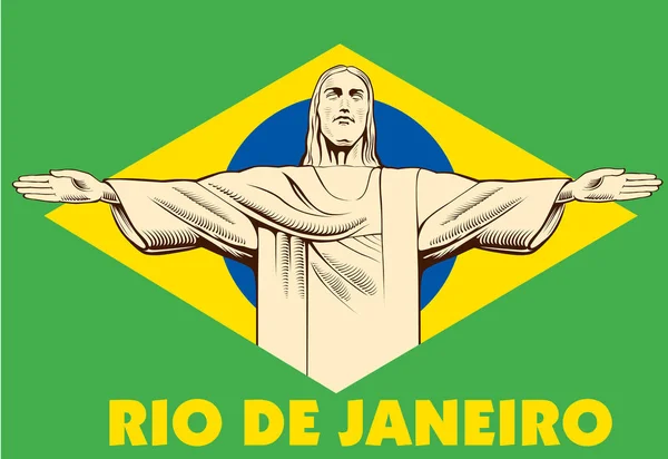 Jesus Kristusstatyn Rio de Janeiro, Brasilien flagga — Stock vektor