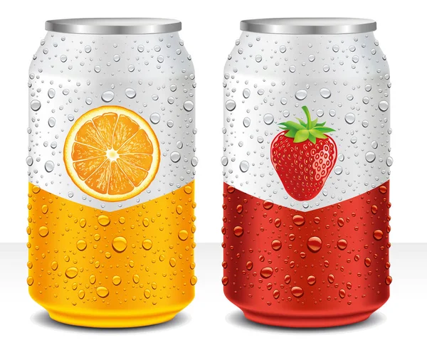 Boîtes en aluminium avec orange, fraise et de nombreuses gouttes d'eau — Image vectorielle