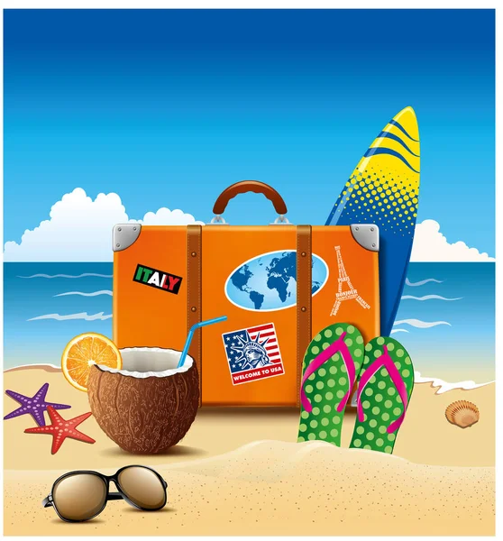 Valise de vacances avec autocollant, tongs, cocktail d'été en noix de coco, lunettes de soleil à la plage — Image vectorielle