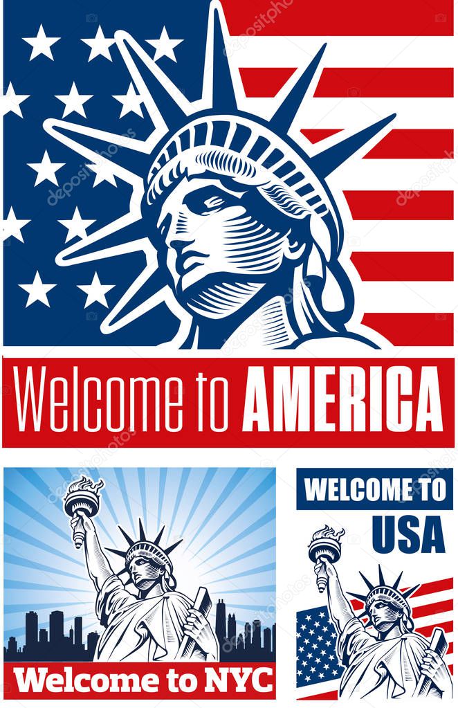 Statue of Liberty, symbol USA, flag, NYC