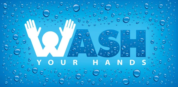 Laver votre fond bleu mains avec de nombreuses gouttes d'eau — Image vectorielle