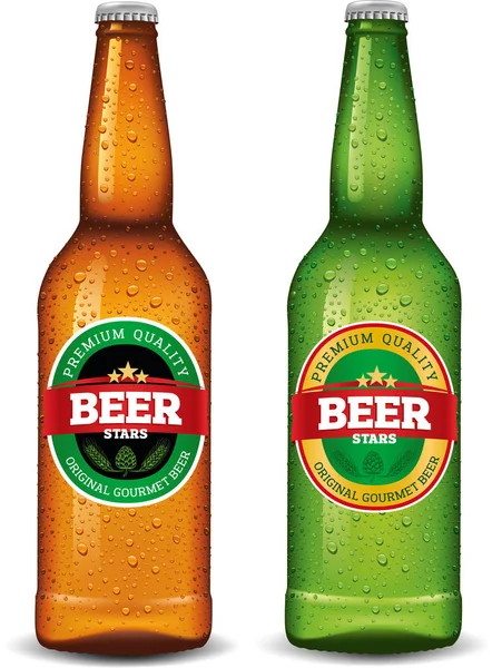 Bouteille de bière avec étiquette et de nombreuses gouttes d'eau — Image vectorielle