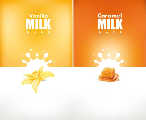 Éclaboussure laiteuse à la vanille et bonbons au caramel — Image vectorielle
