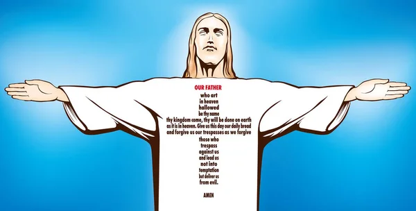 Jésus Christ prière Notre père sur fond bleu ciel — Image vectorielle