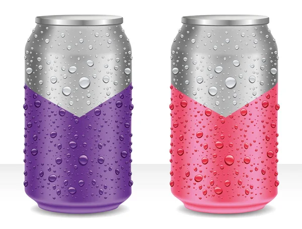 Aluminium-Blechdosen in violett und rosa mit vielen Wassertropfen — Stockvektor