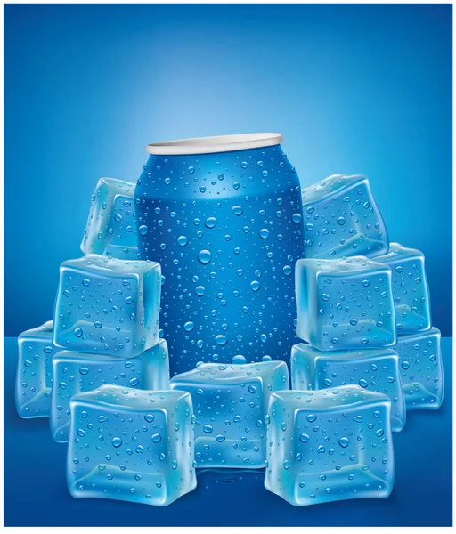 Poubelles en aluminium bleu dans des cubes de glace avec de nombreuses gouttes d'eau — Image vectorielle