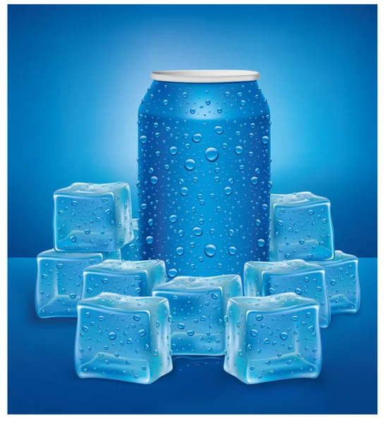 Сині алюмінієві олов'яні банки в кубиках льоду з багатьма краплями води — стоковий вектор