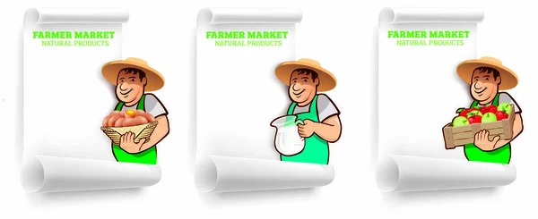Landbouwer markt sjabloonontwerp - natuurlijke verse melk, appels, eieren — Stockvector