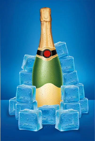 Bouteille de champagne en glaçons avec de nombreuses gouttes d'eau — Image vectorielle