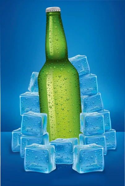 Bierfles kan in ijsblokjes met veel waterdruppels — Stockvector
