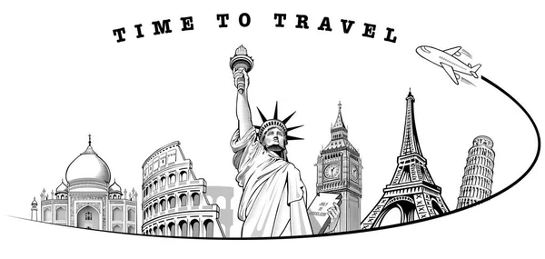 Viajar a Big Ben Londres, Torre Eiffel París, Roma Coliseo, Pisa, Estatua de la Libertad NYC, Taj Mahal , — Vector de stock