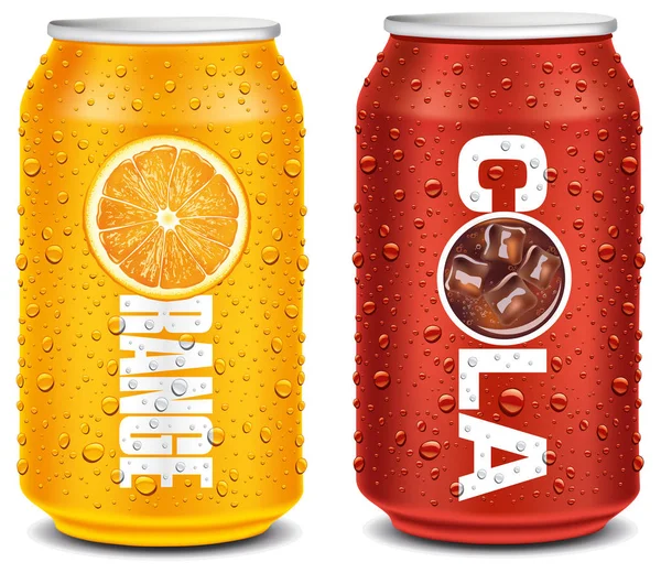 Oranje en cola tin kan met veel waterdruppels — Stockvector