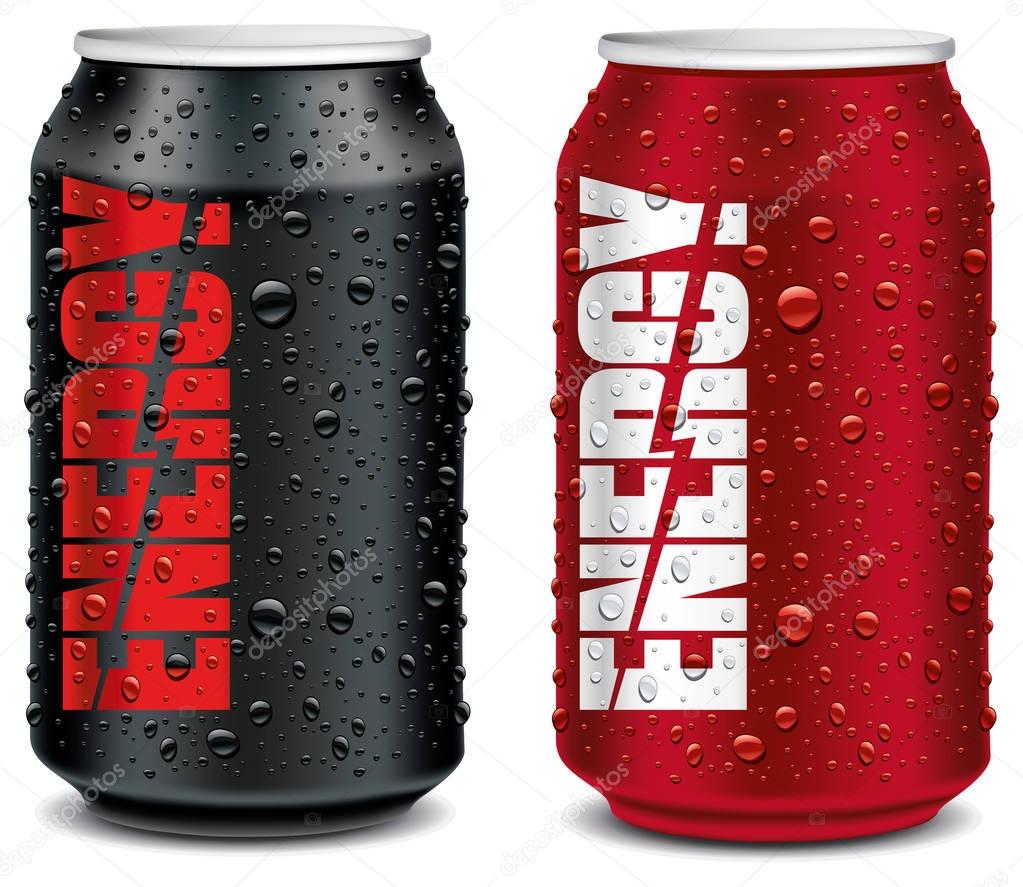 energy drink tin can red and black with many water drops