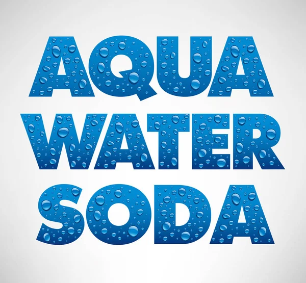 Gouttes d'eau sur fond bleu mots aqua, eau, soude — Image vectorielle