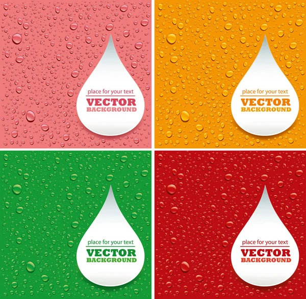 Molte gocce d'acqua su sfondo di colore diverso con posto per il testo — Vettoriale Stock