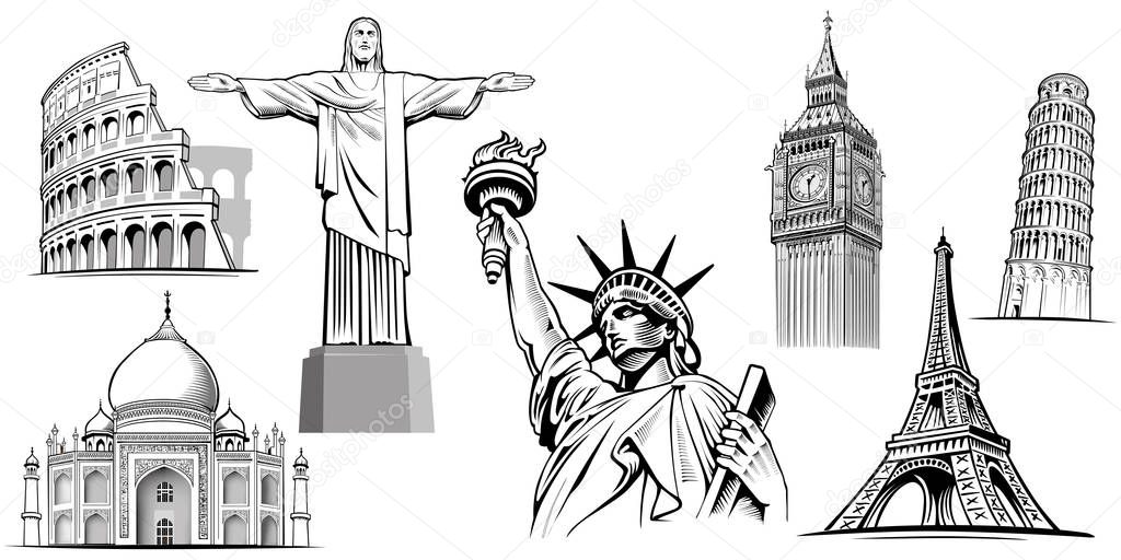 travel destinations-famous placesNYC, London Big Ben, Rome-Coliseum, Paris-Eiffel Tower, Rio de Janeiro-Jesus Statue, NYC-Statue of liberty