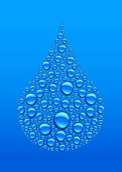 Many water drops on blue background creating drop shape — Stock Vector