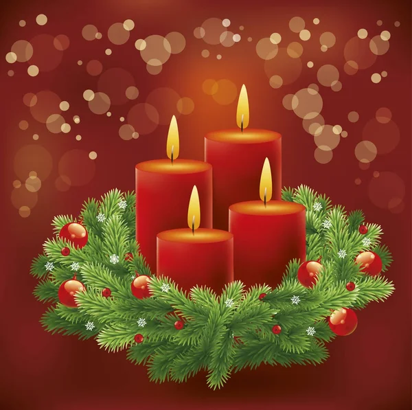 Christmas advent background with wreath and burning candles — Stock Vector