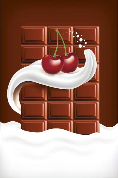 牛奶中的樱桃和巧克力溅舌 — 图库矢量图片