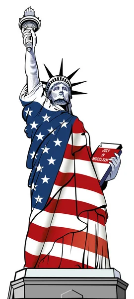 Estatua de la Libertad, bandera de Estados Unidos, Nueva York, cuatro de julio día de la independencia — Vector de stock