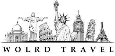 hedefleri ünlü placesnyc, Londra Big Ben, seyahat Roma Kolezyum, Paris-Eyfel Kulesi, Rio de Janeiro-İsa heykeli, Nyc-Özgürlük heykeli