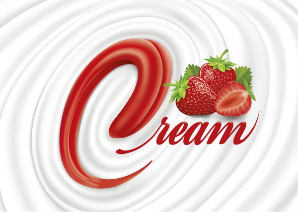 Milk Yogurt Cream Swirl Tongue Shape Fresh Strawberry — Stock Vector