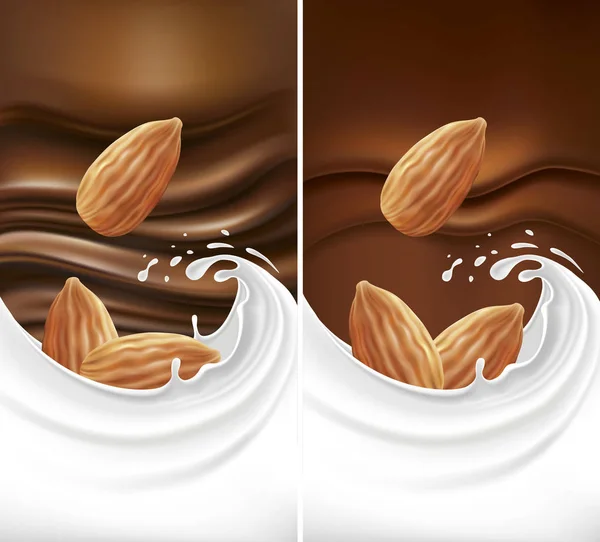 Fondo Cioccolato Con Spruzzi Latte Mandorla — Vettoriale Stock