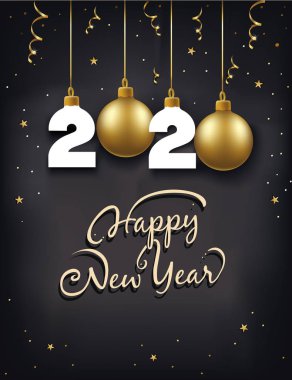Yeni yıl hediye kartı, mesajın için yer var. Siyah arka plan, altın toplar ve kurdeleler.