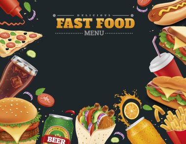 Hamburger, patates kızartması, sosisli sandviç, sandviç, baget, pizza, tortilla dürümü.