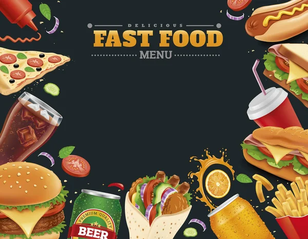 Fast Food Elementy Hamburger Frytki Hot Dog Napoje Kanapka Bagietka — Wektor stockowy