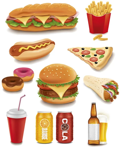 快餐食品 汉堡包 三明治 玉米饼 甜甜圈 — 图库矢量图片#