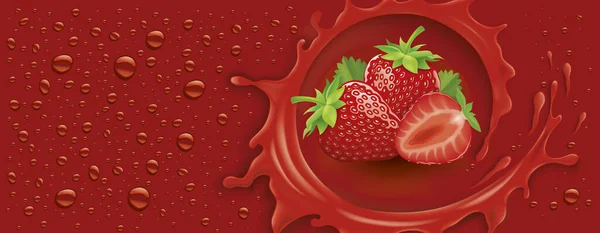 多くの滴とイチゴと暗い赤いスプラッシュ — ストックベクタ