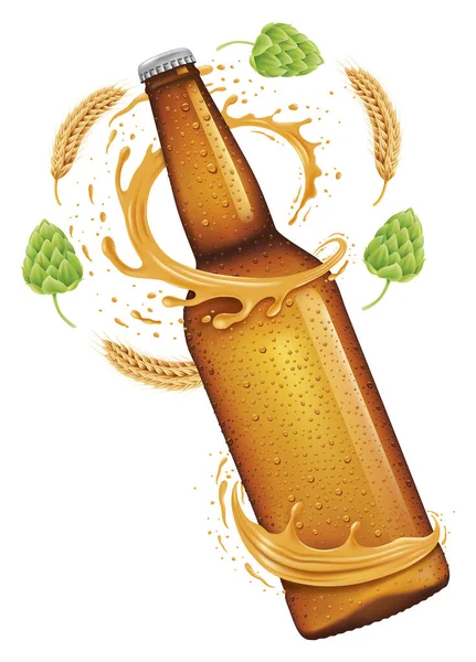 Bierfles Spetteren Rond Fles Tarwe Hop Geïsoleerd Wit Vector — Stockvector