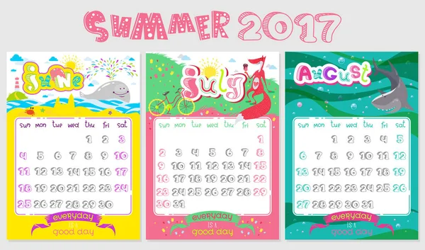 Design de calendário de verão 2017. Junho, Julho, Agosto — Vetor de Stock