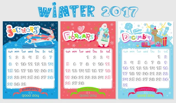 Design de calendário de inverno 2017. Dezembro, Janeiro, Fevereiro — Vetor de Stock