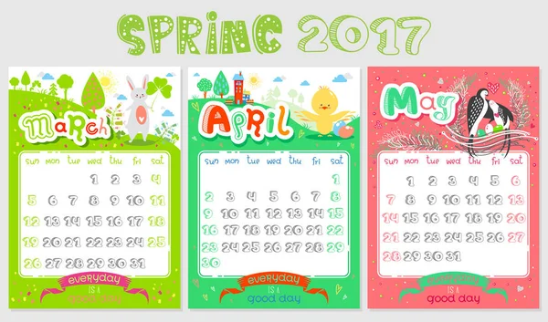 Wiosną projekt kalendarza 2017. Marzec, Kwiecień, maj — Wektor stockowy