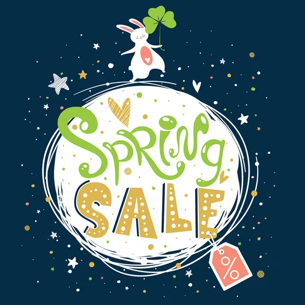 Banner de venda de primavera ou impressão com texto desenhado à mão bonito e coelho —  Vetores de Stock
