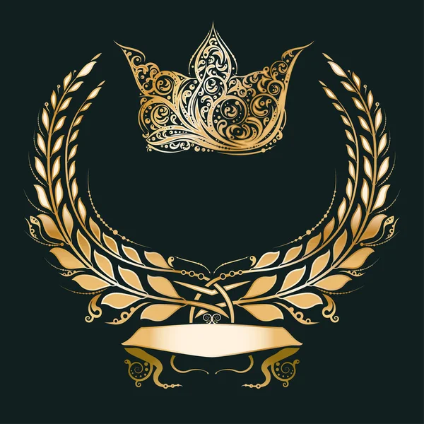 Vintage altın banner veya amblem royal crown, defne çelengi ve şerit