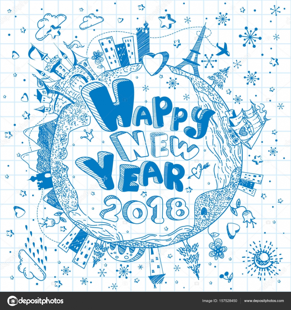 Happy New Year 2018 Doodle Achtergrond Stockvector R I S E