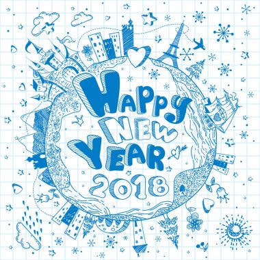 Mutlu yeni yıl 2018 doodle arka plan